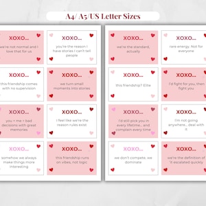 Puede incluir: Hoja de tarjetas imprimibles con fondos rosas y blancos, con el texto "XOXO" y varias citas de amistad. Cada tarjeta está decorada con pequeñas ilustraciones de corazones. Los tamaños son A4, A5 y US Letter.