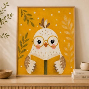 Reading Bird Wall Art Print: Grillig vogelleesboek, kinderbibliotheekkunst, kinderleeskamer, direct downloaden