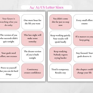 May include: Two sheets of paper with motivational quotes in pink and white rounded rectangles. Phrases include "Your future is watching what you do today" and "Every small effort counts". The text is in a clean, modern font.