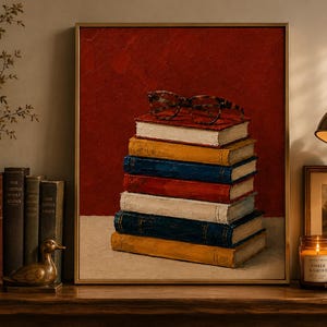 Stampa artistica con occhiali da lettura e pila di libri: decorazione da biblioteca color rosso ruggine, occhiali tartarugati (download digitale)
