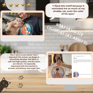 May include: Image featuring customer reviews for a cat-themed T-shirt. The shirt displays an artistic cat design. A testimonial highlights the design's similarity to a cat. The image includes the text: "WHAT SATISFIED CUSTOMERS SAY ABOUT US."
