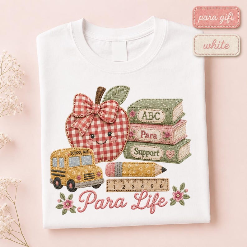 White Para Life T-shirt featuring a patchwork apple, school bus, stacked books labeled ABC, Para and Support, pencil, ruler, flowers, and pink Para Life lettering.