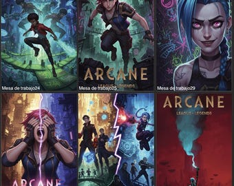 May include: A collection of Arcane League of Legends posters. Each poster features characters in dynamic poses with vibrant colors and the show's title. The posters have a digital art style with a futuristic city backdrop.