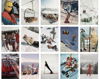 May include: A collage of vintage ski scenes. Images include people skiing, ski lifts, and relaxing in the snow. The color palette is dominated by whites, blues, reds, and yellows, evoking a retro aesthetic.