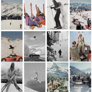 May include: A collage of vintage ski scenes. Images include skiers on snowy slopes, people in retro ski attire, and a red sports car with skis. The scenes evoke a sense of winter sports and leisure.