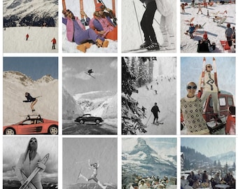 May include: A collage of vintage ski scenes. Images include skiers on snowy slopes, people in retro ski attire, and a red sports car with skis. The scenes evoke a sense of winter sports and leisure.