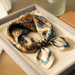 May include: A square silk scarf with a paisley and floral pattern in shades of orange, blue, and cream. The scarf is folded and tied, with a cream-colored border featuring blue floral accents. It is displayed in a gray tray.