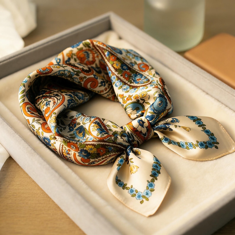 May include: A square silk scarf with a paisley and floral pattern in shades of orange, blue, and cream. The scarf is folded and tied, with a cream-colored border featuring blue floral accents. It is displayed in a gray tray.