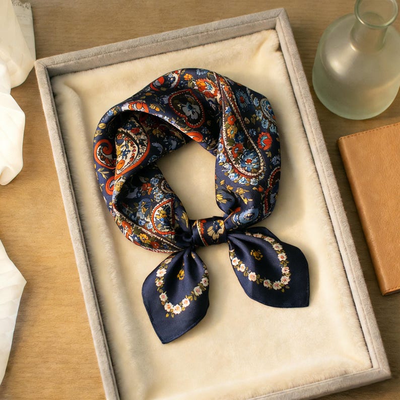 May include: A navy blue silk scarf with a paisley pattern in shades of orange, blue, and white. The scarf is square and folded, with a floral border at the ends. It is displayed in a gray velvet-lined tray.