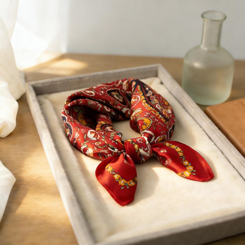 May include: A red silk scarf with a paisley pattern and floral accents. The scarf is folded and tied, with the ends fanned out. It is displayed in a gray tray with a soft, white interior. A clear glass bottle is in the background.