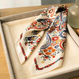 May include: Ivory-colored silk scarf with a vibrant floral and paisley pattern in red, blue, and orange. The scarf is folded and displayed in a gray tray, showcasing its intricate design and color palette. A decorative accessory.