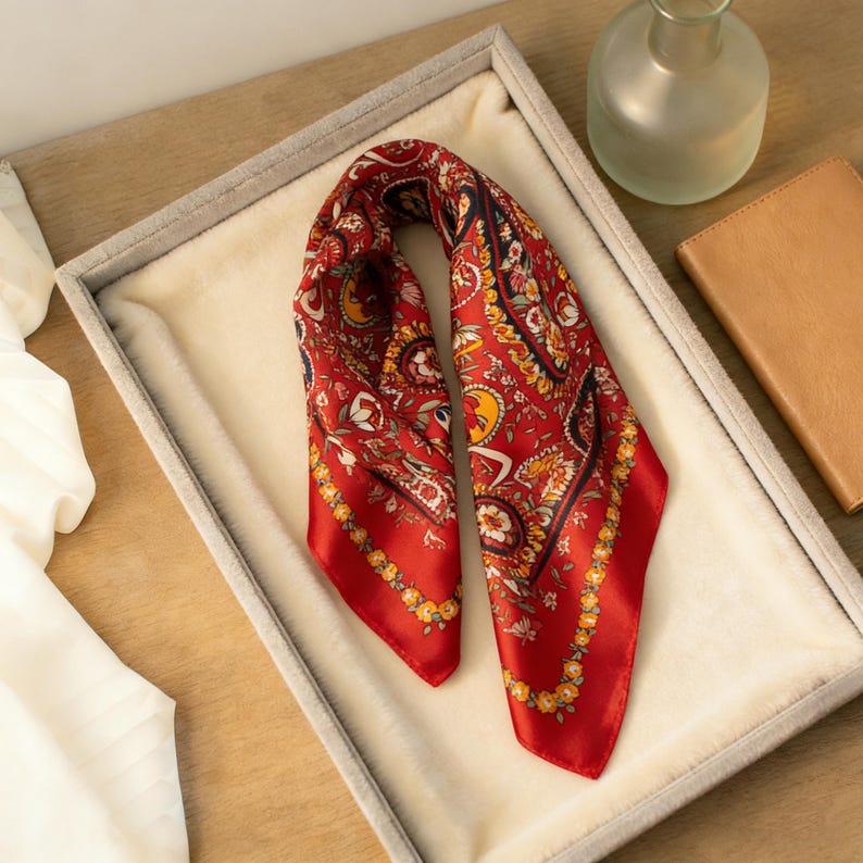 May include: A red silk scarf with a paisley pattern in yellow, black, and white. The scarf is folded and displayed in a gray tray with a cream-colored lining. A small glass vase and a tan leather notebook are in the background.