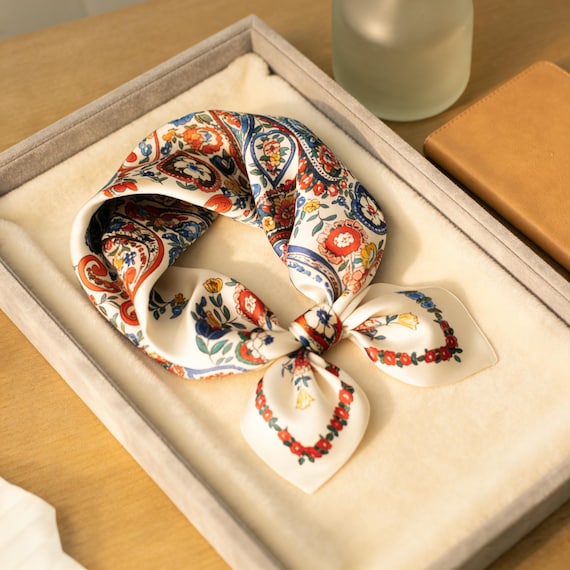 Mulberry Silk Scarf - Boho Floral Paisley Print, Lightweight Headscarf