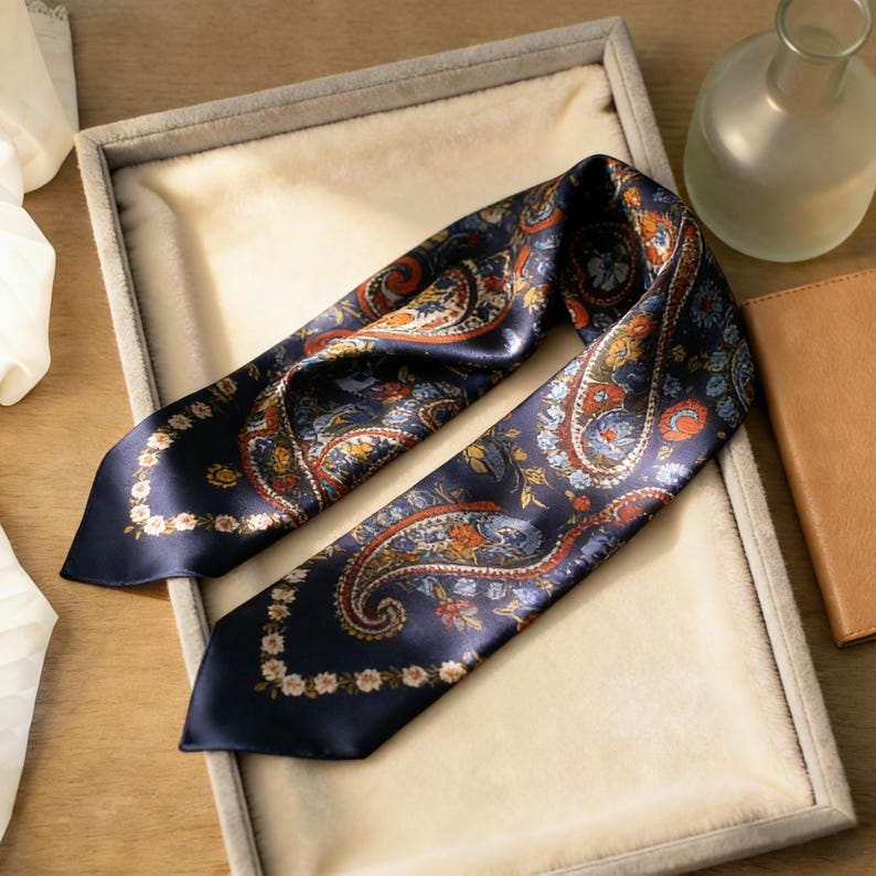 May include: A navy blue silk scarf with a paisley pattern in shades of orange, blue, and white. The scarf is folded and placed on a beige surface within a gray tray. A small, clear glass bottle and a brown leather notebook are also visible.