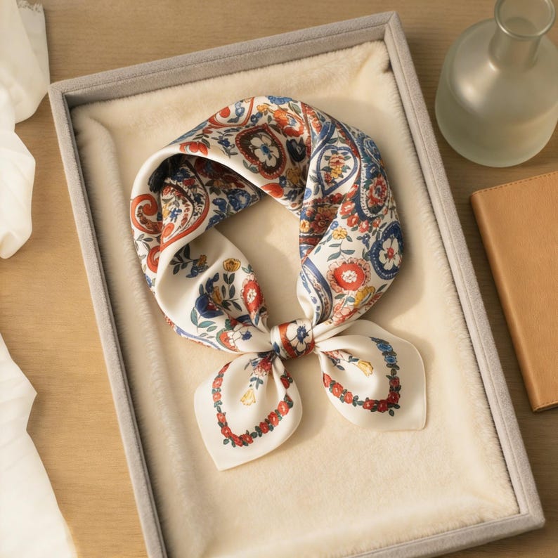 May include: A cream-colored silk scarf with a paisley and floral pattern in red, blue, and yellow. The scarf is tied in a knot and displayed in a gray velvet-lined box. A decorative accessory.