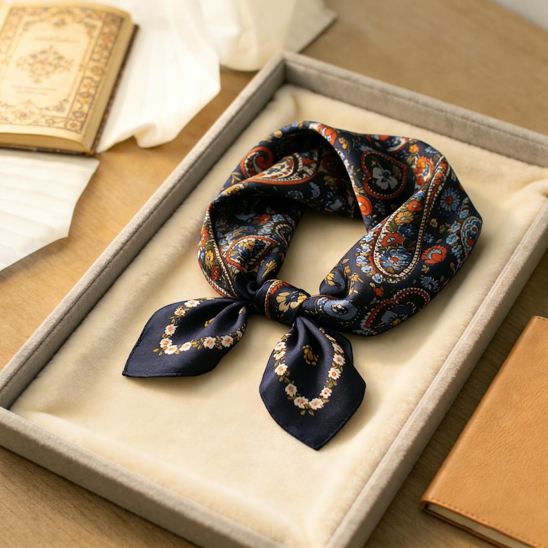 May include: A navy blue silk scarf with a paisley pattern in shades of red, orange, and blue. The scarf is tied in a knot, with floral detailing on the ends. It is displayed in a gray velvet-lined tray, suggesting a high-end accessory.