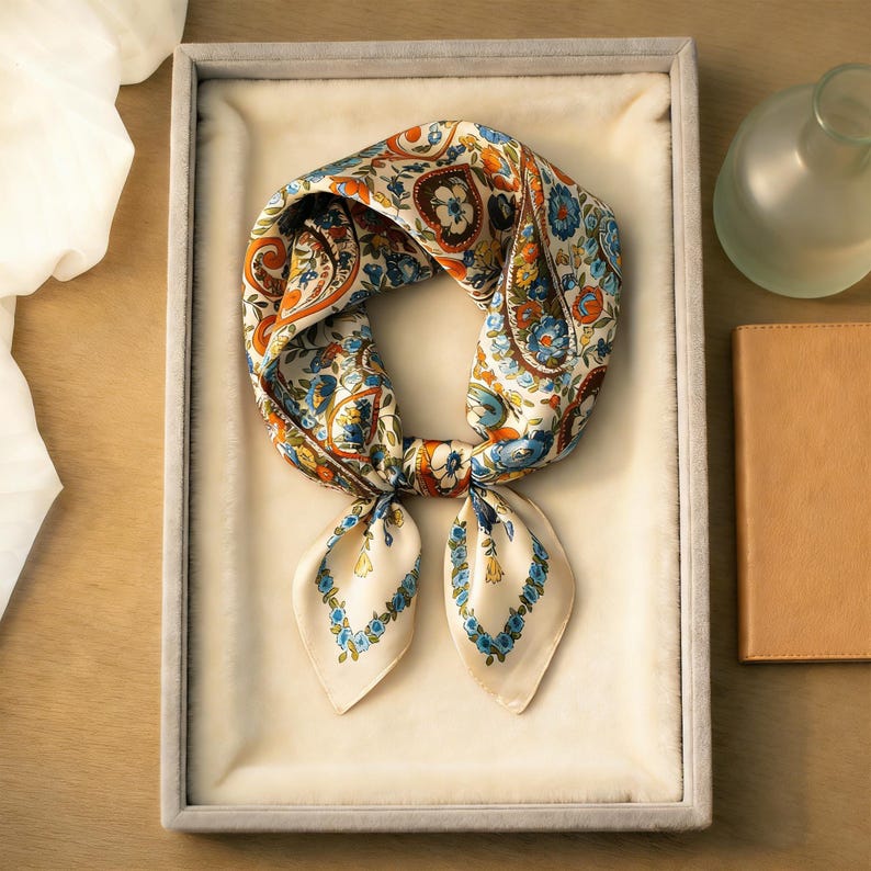 May include: A silk scarf with a paisley pattern in orange, blue, and cream. The scarf is knotted and displayed in a gray velvet-lined box. The ends of the scarf have a floral design in blue and cream.