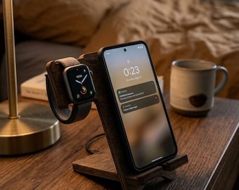 Sleek Wooden Desk Docking Station – Smartphone & Watch Stand