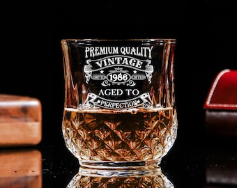 Vintage 1986 Engraved Whiskey Glass – 40 Year Old Gifts Bourbon Scotch Whisky Tumbler Glass & Coaster Set - 40th Birthday Aged to Perfection