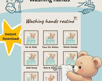 Tabla de rutina de lavado de manos para niños pequeños: Pasos visuales (Descarga digital)