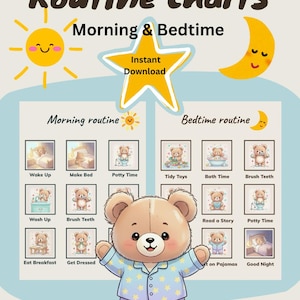 幼児の朝と就寝時のルーティンチャート：視覚的な手順（デジタルダウンロード）