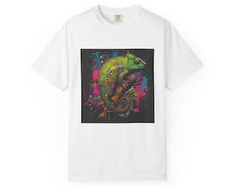 Maglietta colorata con camaleonte al neon / Arte psichedelica di lucertola, schizzi di vernice