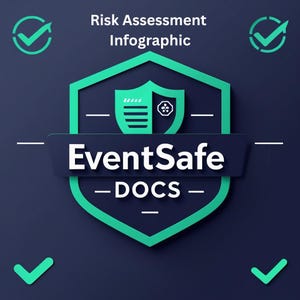 Può includere: Infografica con sfondo blu scuro, design a scudo verde e il testo "EventSafe - DOCS". Le parole "Risk Assessment Infographic" sono in alto. Spunte verdi in ogni angolo.