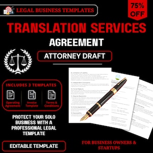 Może przedstawiać: Czarna cyfrowa ulotka dotycząca prawnych szablonów biznesowych z tekstem Translation Services Agreement Attorney Draft. Zawiera pióro wieczne leżące na dokumencie, ikonę wagi sprawiedliwości oraz trzy szablony: Operating Agreement, Invoice Template i Terms & Conditions.