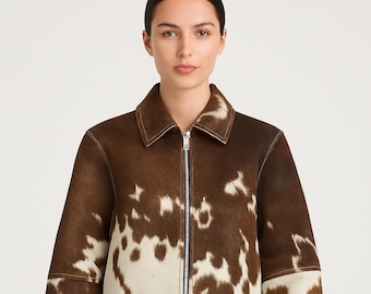 Chaqueta de piel de vaca hecha a mano: Chaqueta vaquera corta con cremallera