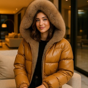 Peut inclure: Veste bouffante marron clair avec une capuche doublée de fourrure. La veste a un aspect brillant, semblable au cuir et est portée sur un haut noir. La capuche est d'une nuance de marron plus claire.