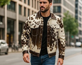 Handgefertigte Rindsleder Haar Auf Lederjacke Herren Western Streetwear Mantel