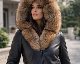 Handmade Black Leather Jacket: Women's Winter Bomber with Fox Fur Hood
