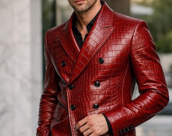 Cappotto doppiopetto di lusso da uomo in pelle stampata coccodrillo rossa
