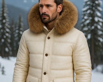 Handmade Ostrich Embossed Leather Puffer Jacket With Fur Hood