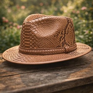 Brown Snake Embossed Leather Fedora Hat, Exotic Western Style Unisex Accessory