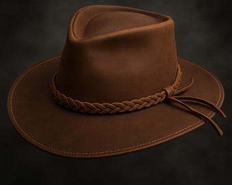 Handmade Brown Leather Cowboy Hat: Vintage Outback Fedora  display picture 1