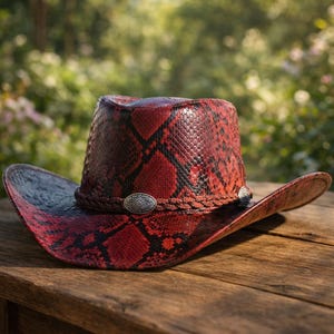 Op de afbeelding: Een rode en zwarte cowboyhoed met een slangenprint, een gevlochten band en zilverkleurige versieringen. De hoed is gemaakt van een textuurrijk materiaal en ligt op een houten oppervlak, met een vage natuurlijke achtergrond.