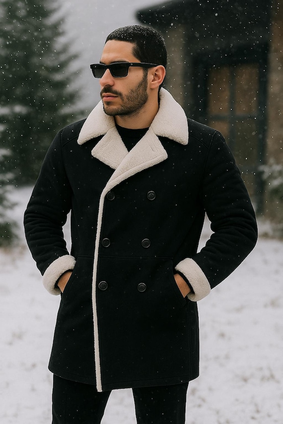 leather trench coat shearling winter coat mens