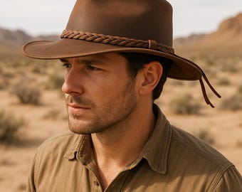 Handmade Brown Leather Cowboy Hat: Vintage Outback Fedora  display picture 3