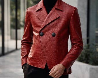 Cappotto doppiopetto di lusso da uomo in pelle stampata coccodrillo rossa