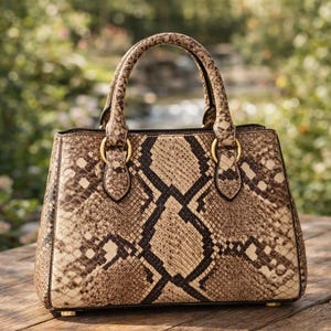 May include: A snakeskin-patterned handbag with a structured silhouette. The bag features a top handle, gold-tone hardware, and a rectangular shape. The color palette includes shades of brown, tan, and black, creating a realistic reptile skin effect.