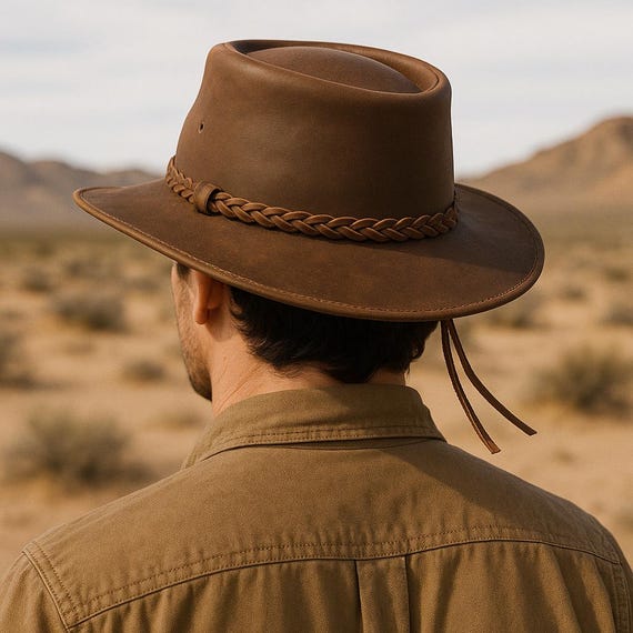 Handmade Brown Leather Cowboy Hat: Vintage Outback Fedora  display picture 2