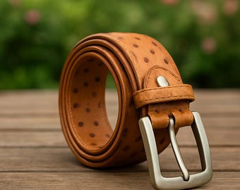 Handmade Ostrich Embossed Leather Belt, Western Cowboy Style
