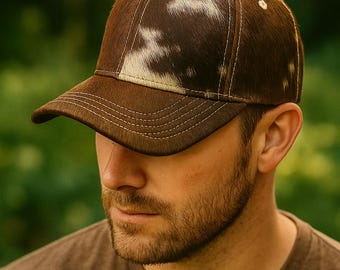 Handmade Brown and White Cowhide Cap Real Leather Western Hat