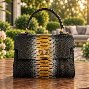Luxury Python Embossed Leather Top Handle Bag, Structured Black Purse, Gold Accent Shoulder Bag