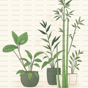 May include: An illustration of various potted plants, including bamboo and leafy green plants. The plants are in dark green and white pots, set against a cream-colored background. The style is reminiscent of botanical art.
