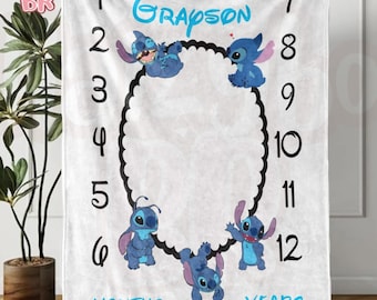 Custom Name Stittch Blanket, Personalized Baby Stitch Throw, Gifts For Kids Fleece Birthday Gift