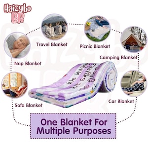 May include: A white and purple patterned blanket with text that reads We hug, We squeeze, We filled. The image includes circular insets showing the blanket used as a nap, travel, picnic, camping, car, and sofa blanket, with the text One Blanket For Multiple Purposes.