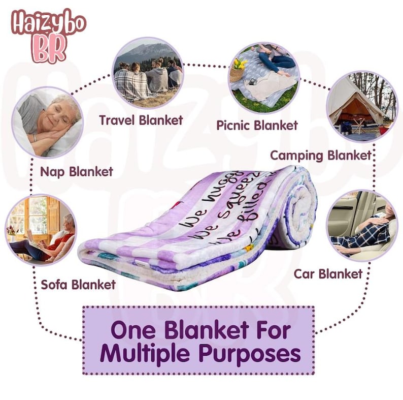 May include: A white and purple patterned blanket with text that reads We hug, We squeeze, We filled. The image includes circular insets showing the blanket used as a nap, travel, picnic, camping, car, and sofa blanket, with the text One Blanket For Multiple Purposes.