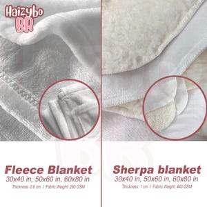 May include: A white fleece blanket with a 0.6 cm thickness and 290 GSM fabric weight, and a white sherpa blanket with a 1 cm thickness and 440 GSM fabric weight. Both blankets are available in 30x40 in, 50x60 in, and 60x80 in sizes. Text reads Haizybo BR.